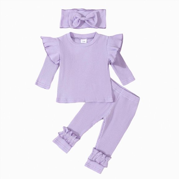 Xyant 3Pcs Toddler Baby Girl Outfits Ribbed Ruffled Long Sleeve Sweatshirt Pants Headband Fall Winter Clothes (Light Purple,2-3 Years)