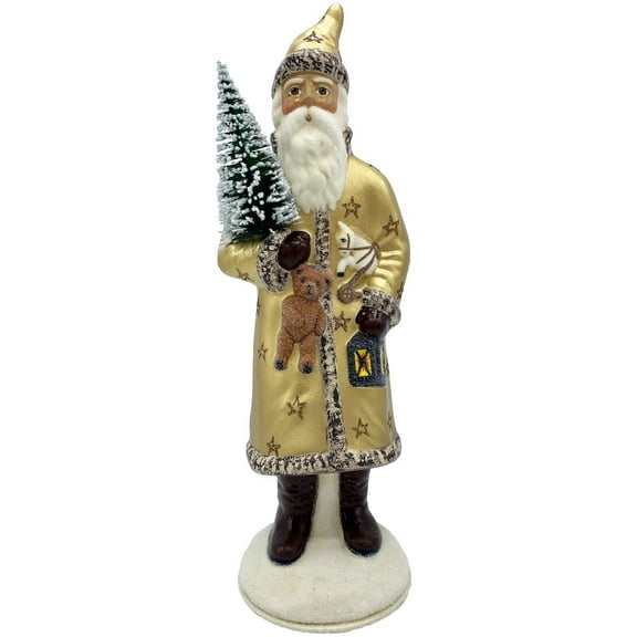13" Vibrant Unique Santa in Gold Coat with Bear and Tree Schaller Paper Mache Candy Container