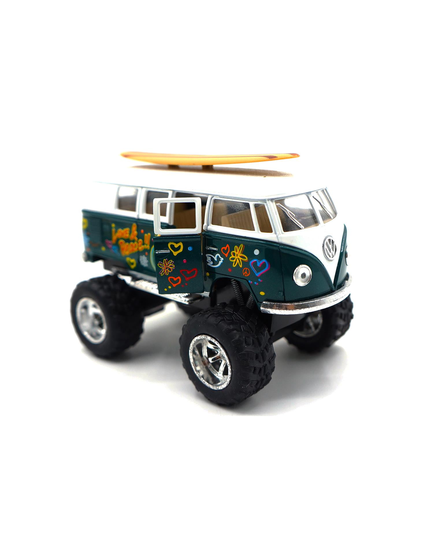 1962 VW Bus with Decal, Surfboard & Monster Wheels Diecast Model Toy