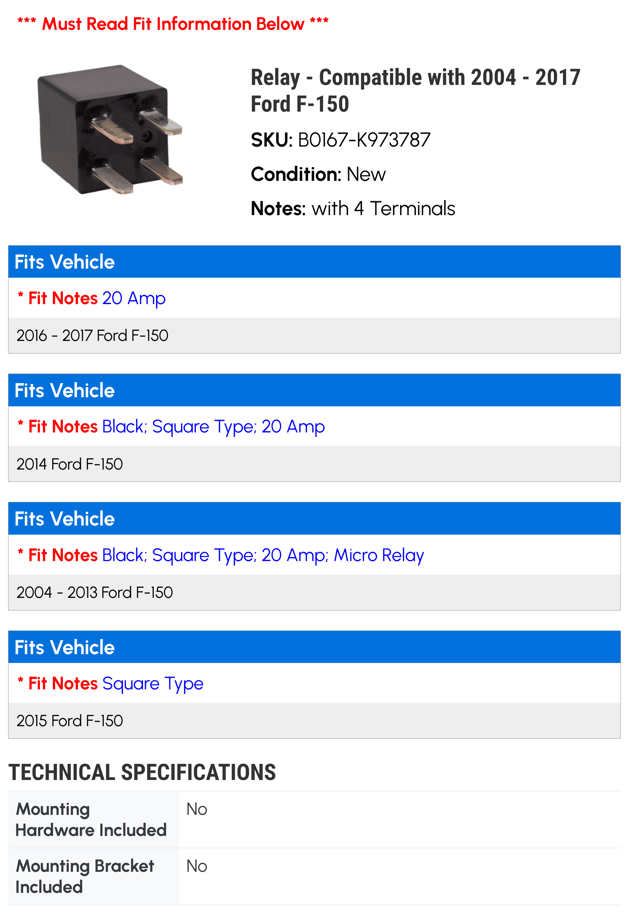 Relay - Compatible with 2004 - 2017 Ford F-150 2005 2006 2007 2008 2009 2010 2011 2012 2013 2014 2015 2016