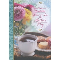 Designer Greetings Tea Cup, Macaroons and Pink, Yellow and Red Flowers in Vase Mother's Day Card for Sister-in-Law