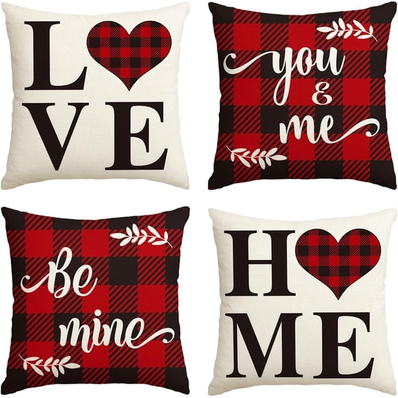 AVOIN Valentine''s Day Saying Buffalo Plaid Throw Pillow Cover, 20 x 20 Inch Holiday Anniversary Wedding Cushion Case for Sofa Couch Set of 4