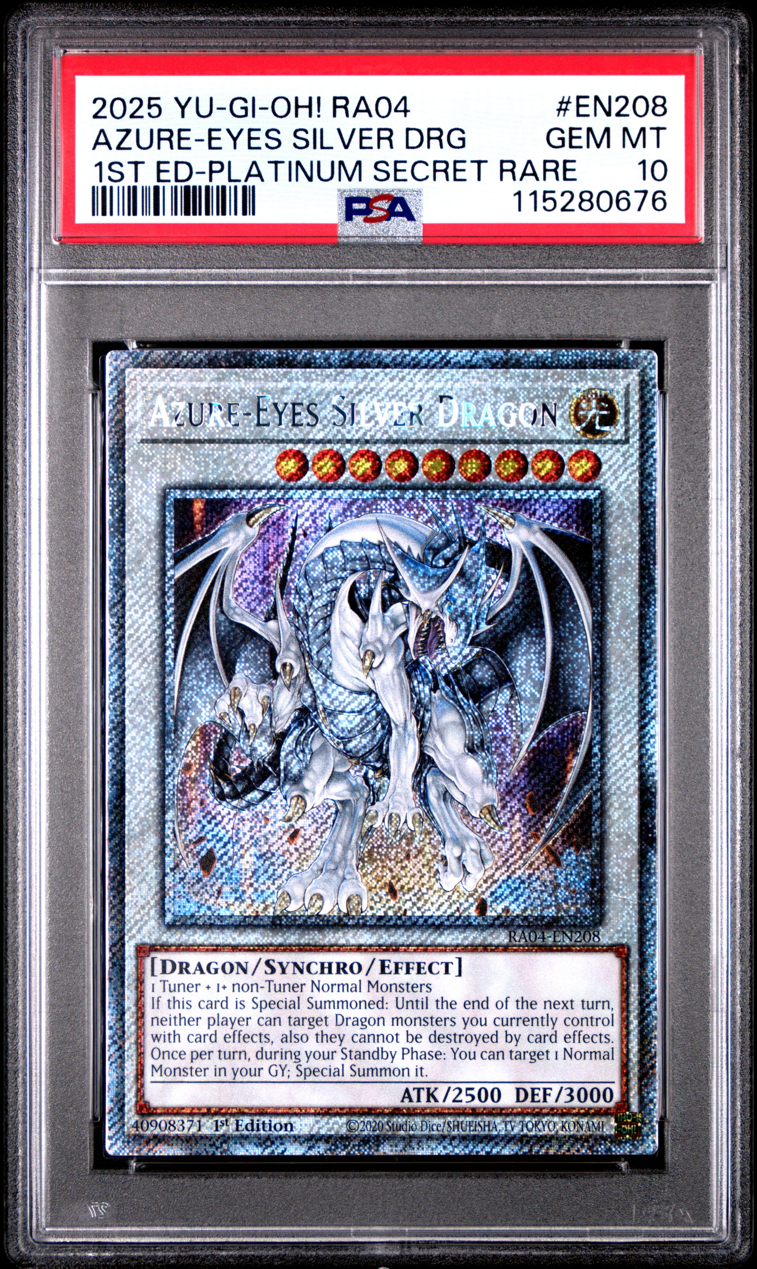 Yu Gi Oh! TCG, PSA Graded 10 GEM MINT, Azure Eyes Silver Drg 1St Ed Platinum Secret Rare #EN208, Ra04 Quarter Century Stampede, Fully Encapsulated Bundle with Compatible Yu Gi Oh! Hard Sealed Case