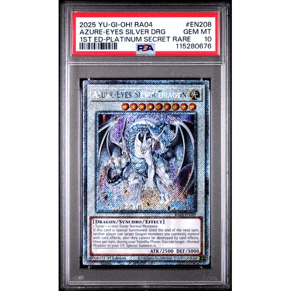 Yu Gi Oh! TCG, PSA Graded 10 GEM MINT, Azure Eyes Silver Drg 1St Ed Platinum Secret Rare #EN208, Ra04 Quarter Century Stampede, Fully Encapsulated Bundle with Compatible Yu Gi Oh! Hard Sealed Case