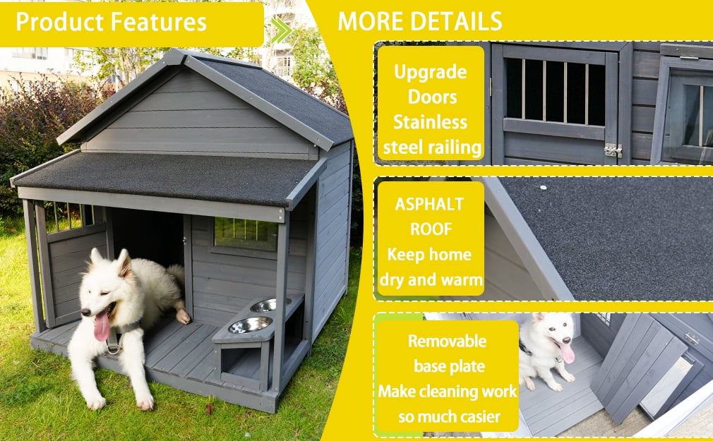 imerelez Large Dog House with Terrace 44.2"x44.6"x44.6" Solid Wood Weatherproof Outdoor Kennel for Dogs up to 80lbs, Gray