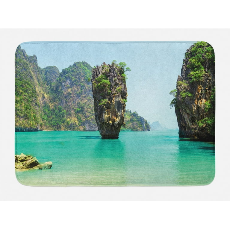 Island Bath Mat, James Bond Stone Island Landscape in Tropical
