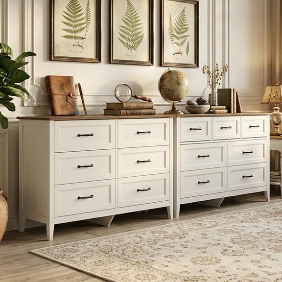Bedroom Set, Gizoon 2-Piece White Dresser Set with 6 and 7 Chest of Drawers with Rustic Wood Top for Bedroom Storage Organizer