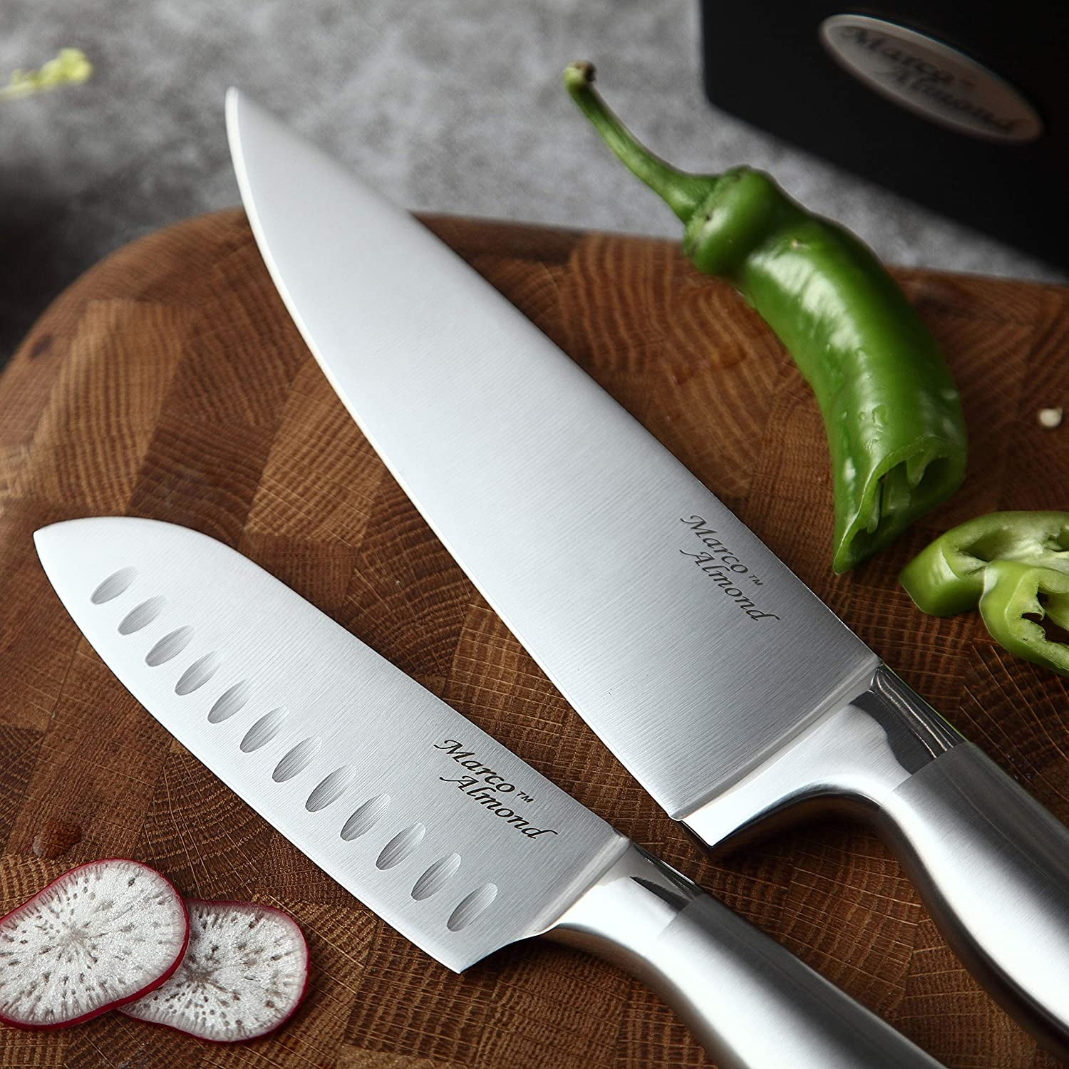 Marco Almond KYA28 14-Piece Stainless Steel Cutlery Kitchen Knife Set with Block,Built-in Sharpener