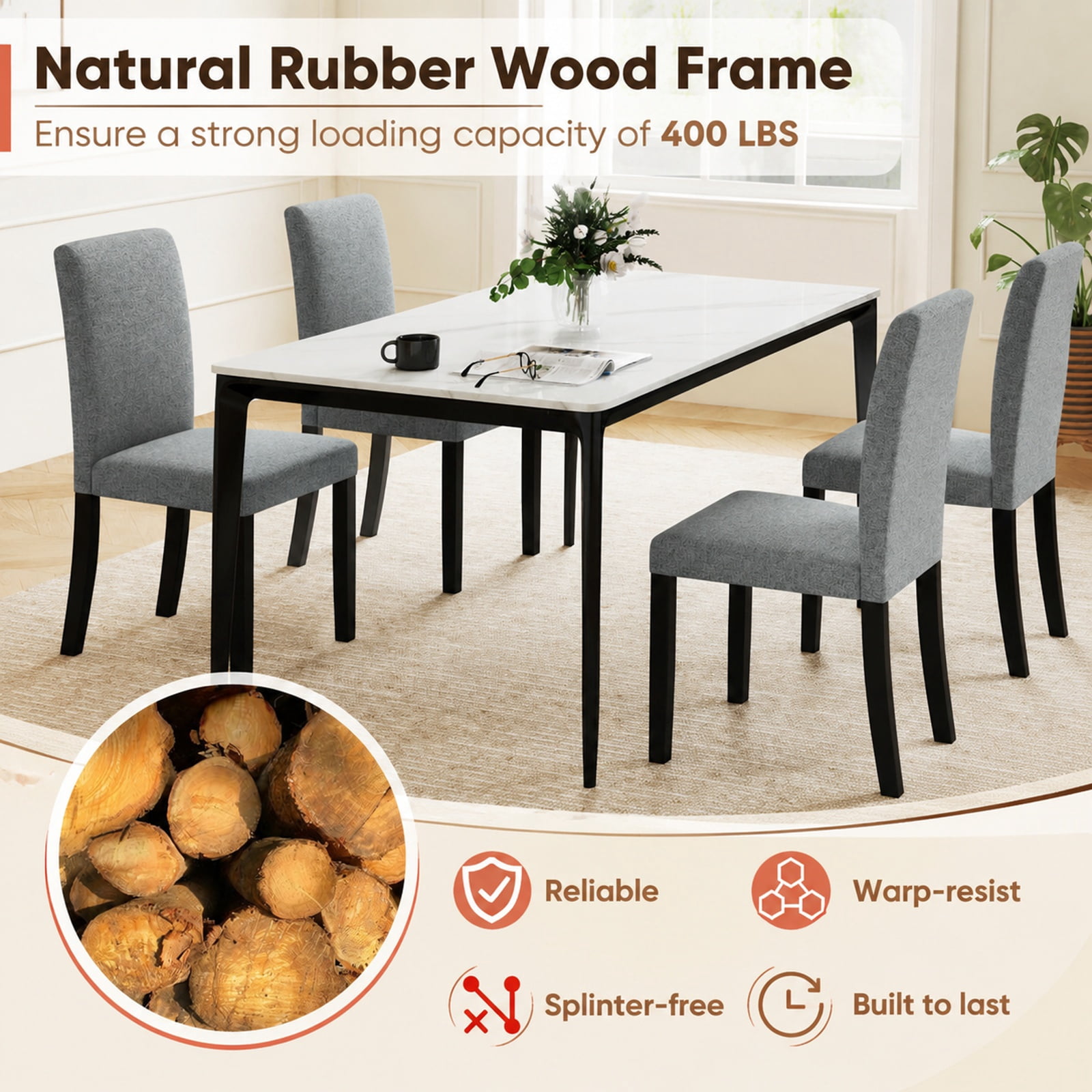 Furnibear Mid Century Modern Dining Chairs Set of 2 with Rubber Wood Legs and Padded Seats for Kitchen Dining Room, Gray