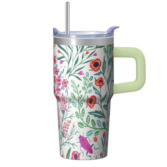 Floral Pattern Cup 20oz for Women, Insulated Stainless Steel Travel Tumbler with Handle and Straw, Leak-proof, Gift for Sister Friend