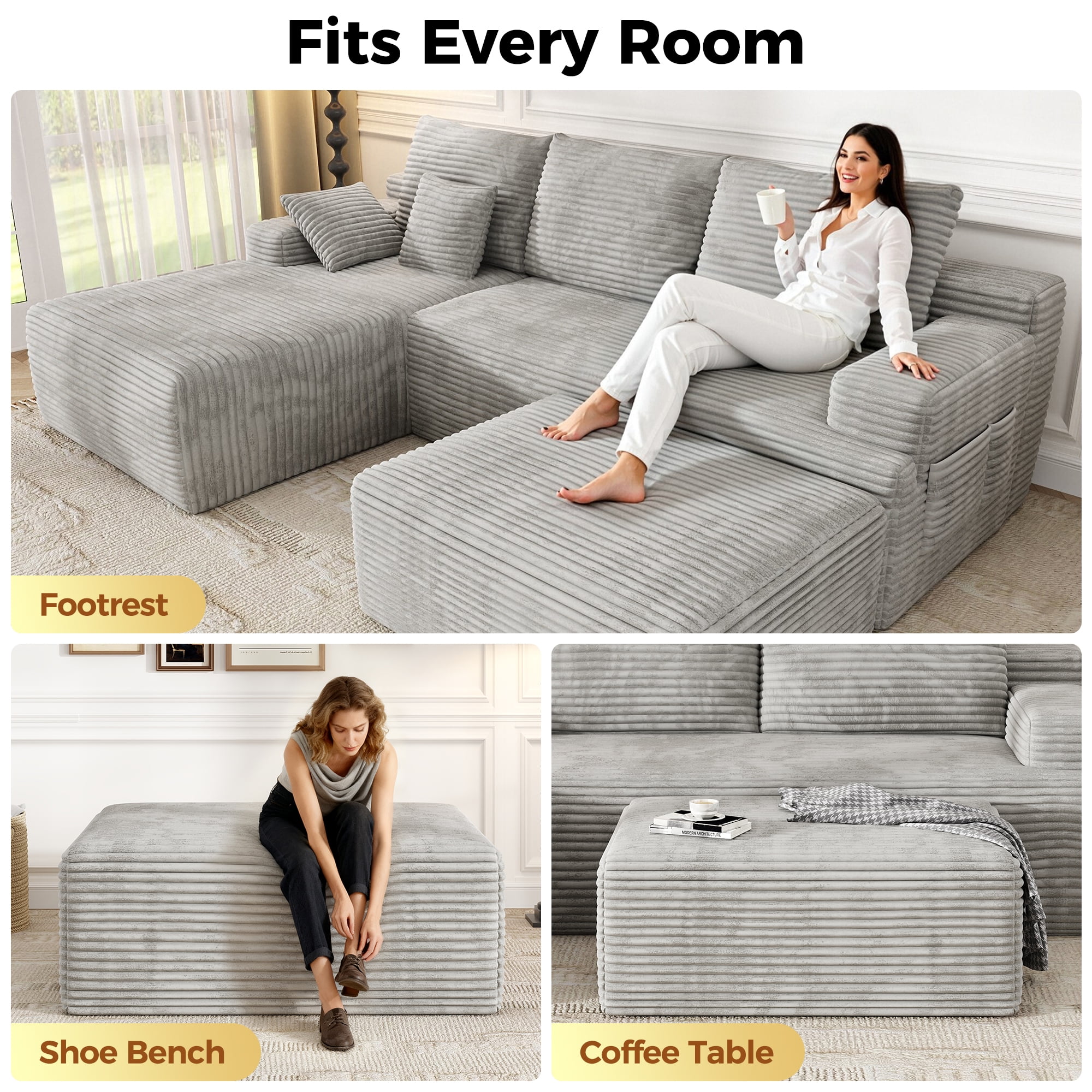 Large Oversized Ottoman Bench for Living Room, Extra Seating & Coffee Table for Sofa, Plush Corduroy Pouf Footrest, No Assembly Needed, Rectangle Floor Ottoman, (Oyster White)