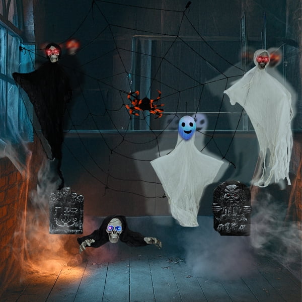8-Piece Outdoor Halloween Decoration Set, 3 Swinging Ghosts (LED Eyes) + 2 Gravestones + Crawling Skeleton + 5.9ft Cobweb, Indoor/Outdoor Use
