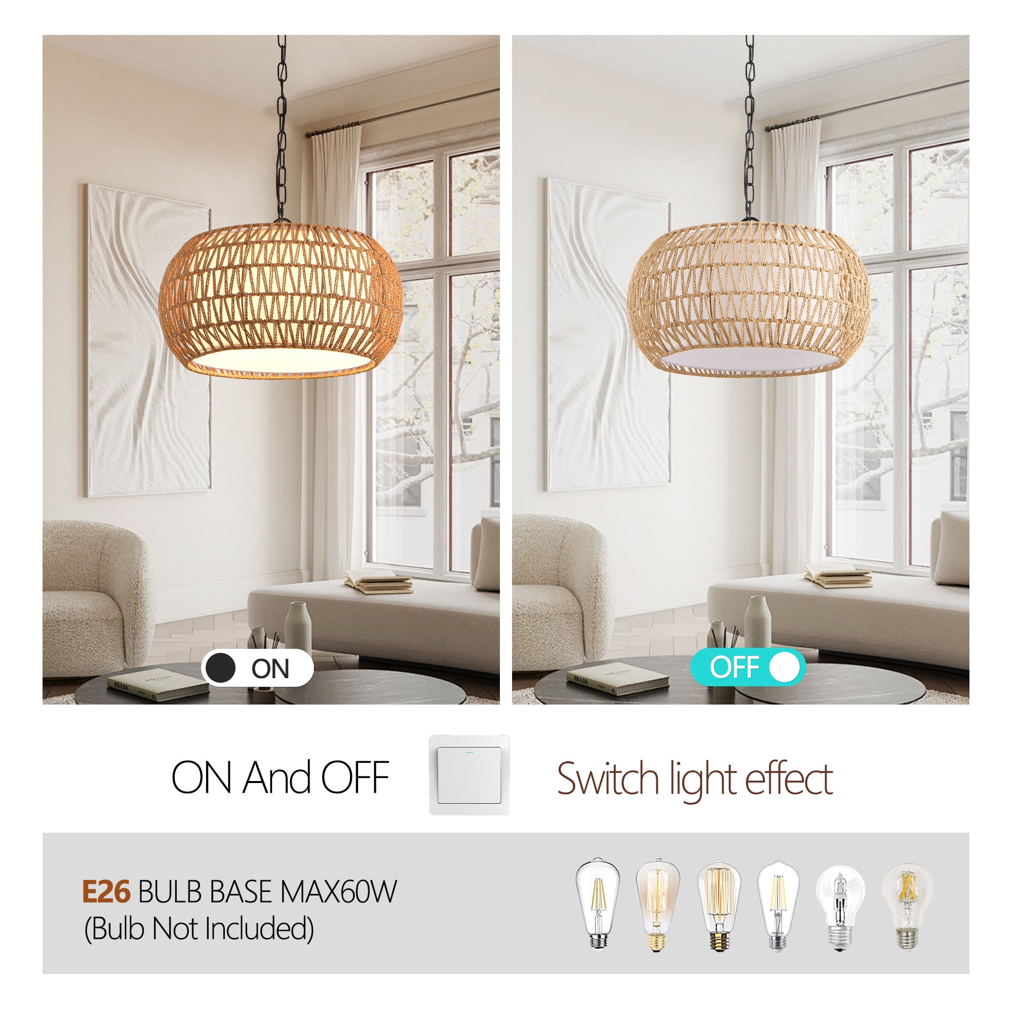Jopath 18" Farmhouse Pendant Light with Adjustable Height, Boho Woven Jute Rope Hanging Ceiling Light Fixture, for Dining Room, Living Room, or Kitchen Island (Bulb Not Included)