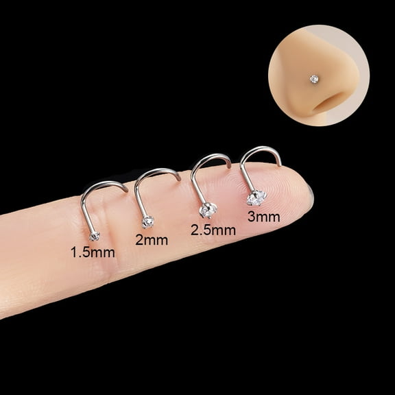 G23 Titanium Micro Pave Clear Cubic Zirconia Flat Round Fishtail Nose Rings Stainless Steel color 1.5mm