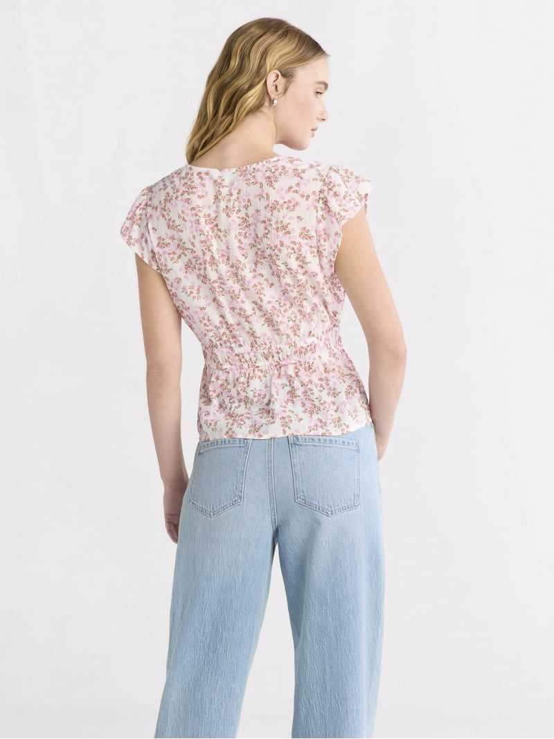 Time and Tru Women's Peplum Top with Flutter Sleeves V-Neck