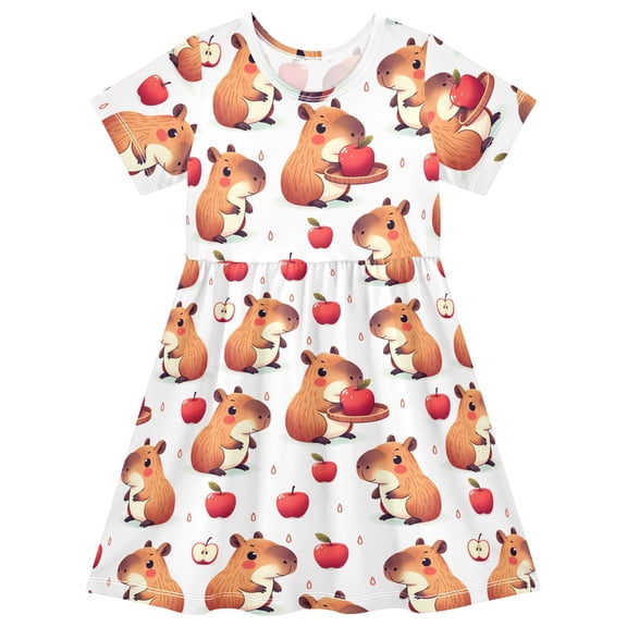 joogoo Capybara Red Apples Girls' Short Sleeve Dress Kids Dresses 5-6T