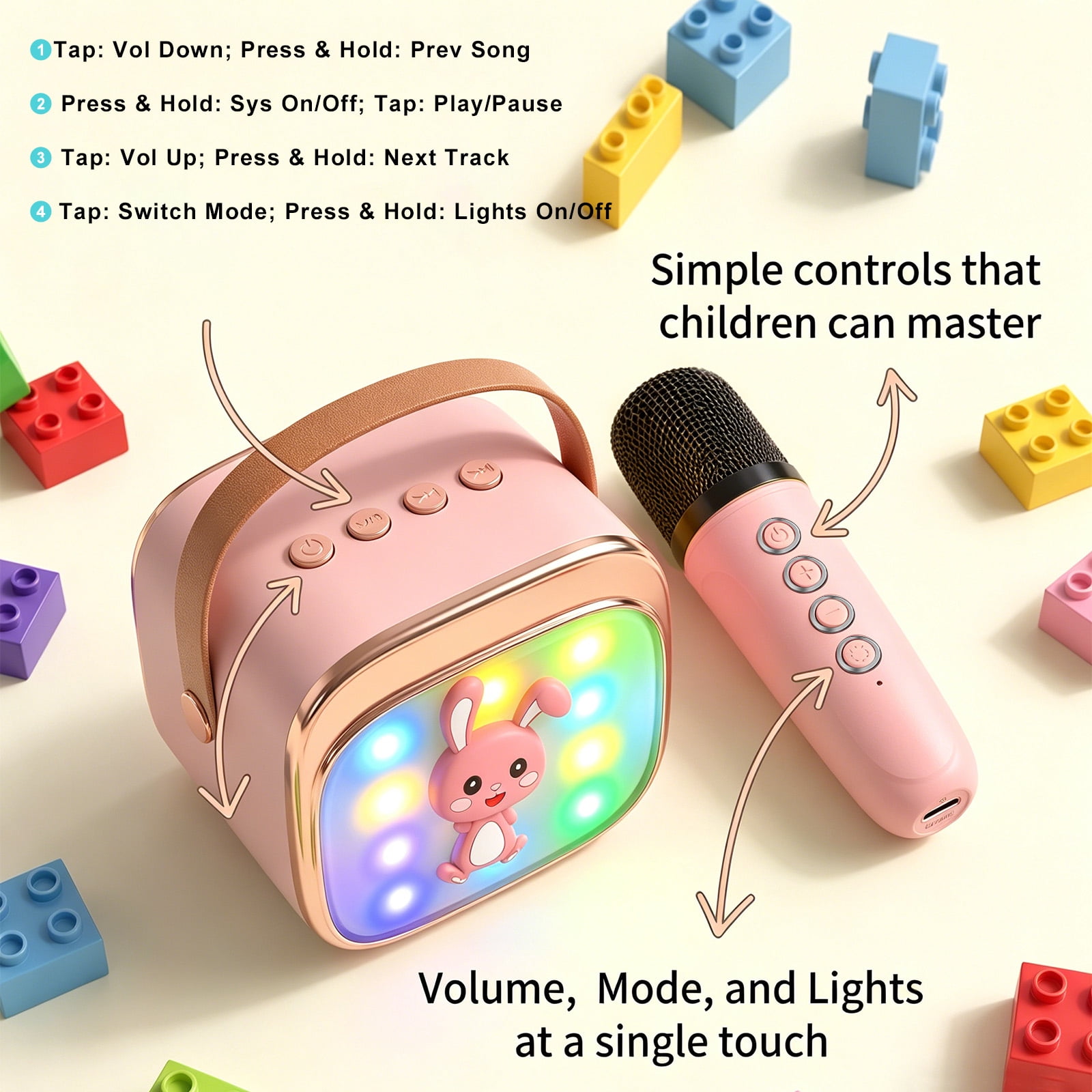 Rirool Kids Karaoke Machine with 2 Wireless Microphones, Bluetooth Karaoke Speaker with LED Lights, Voice Changer & Portable Party Toy for Boys & Girls, Pink