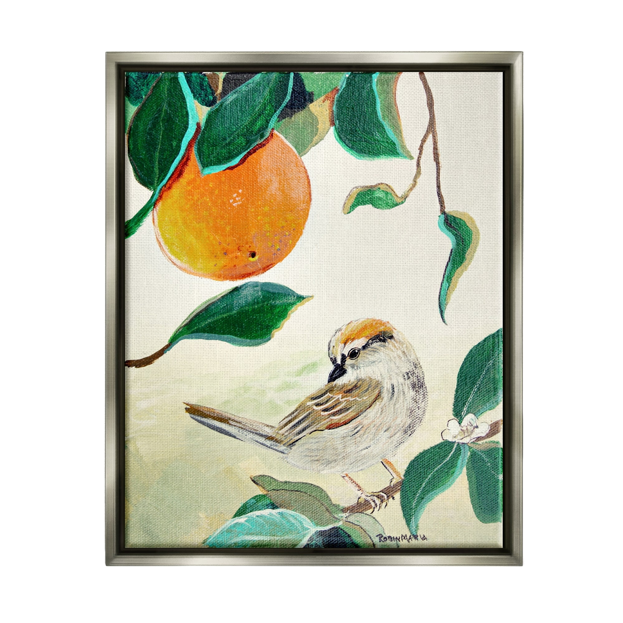 Stupell Industries Bird Perched Orange Fruit Tree Branch Leaves Painting Luster Gray Floating Framed Canvas Print Wall Art, Design by Robin Maria