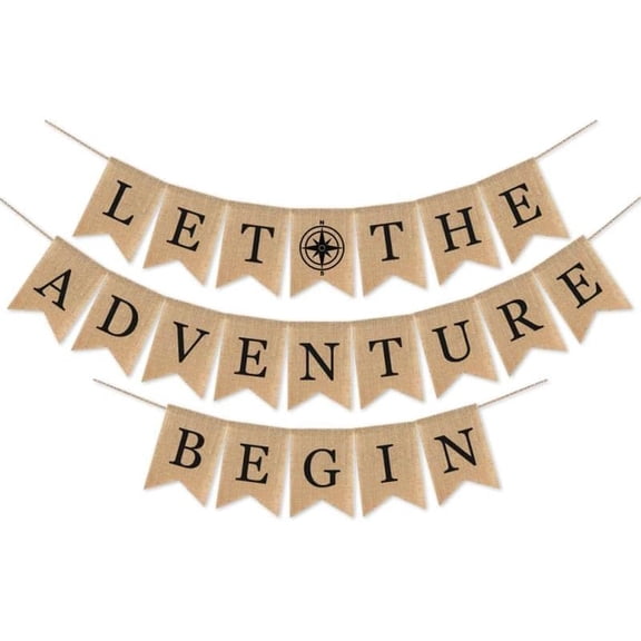 Burlap Let the Adventure Begin Banner Adventure Awaits Travel Themed Party Supplies Baby Shower Graduation Retirement Party Mantle Fireplace Decoration
