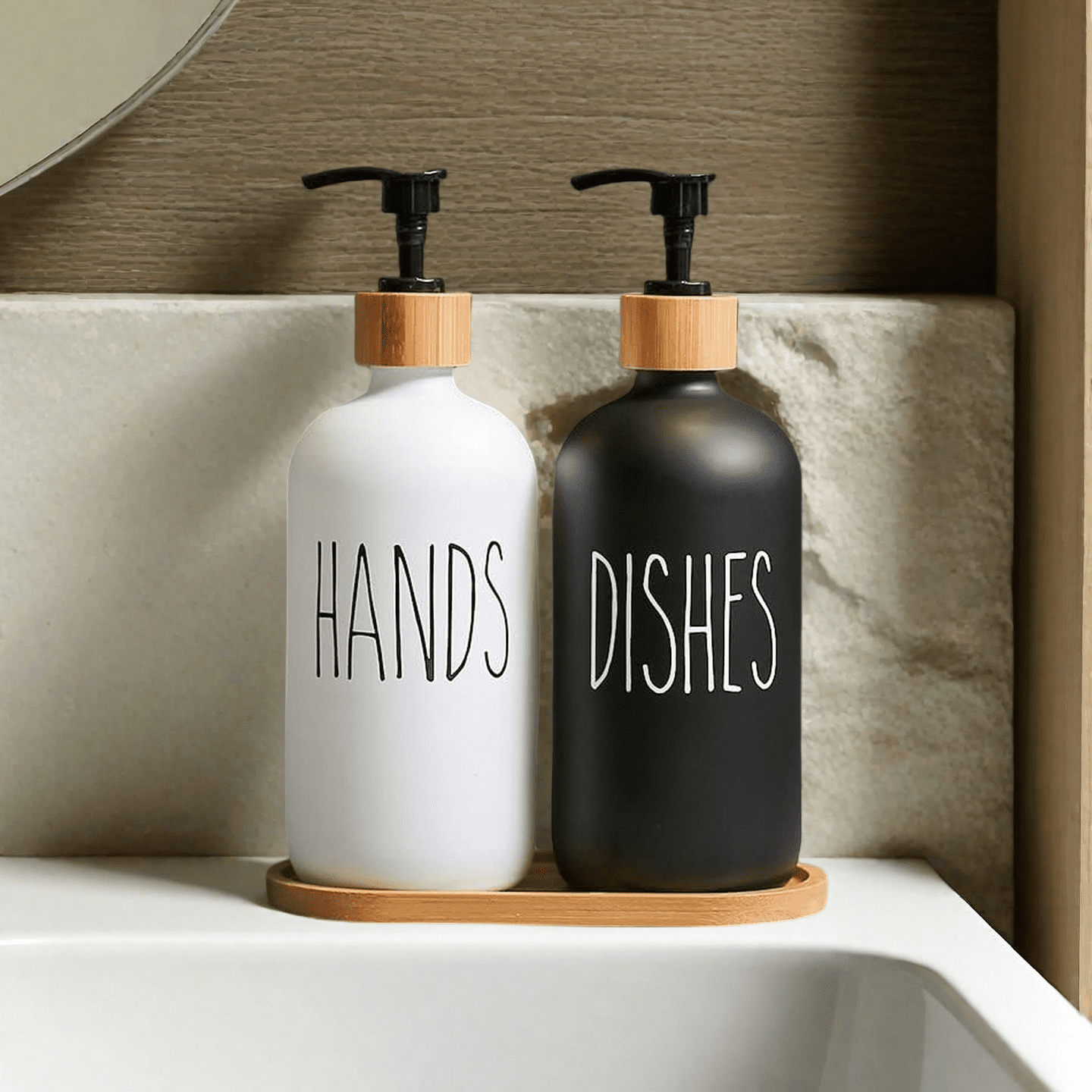WOVTE Glass Hand and Dish Soap Dispenser Set, Kitchen Soap Dispenser Set with Tray, Suitable for Kitchen Sink, Housewarming Gift, Countertop Decor, Rustic Kitchen Decor (Black&White, 16oz)