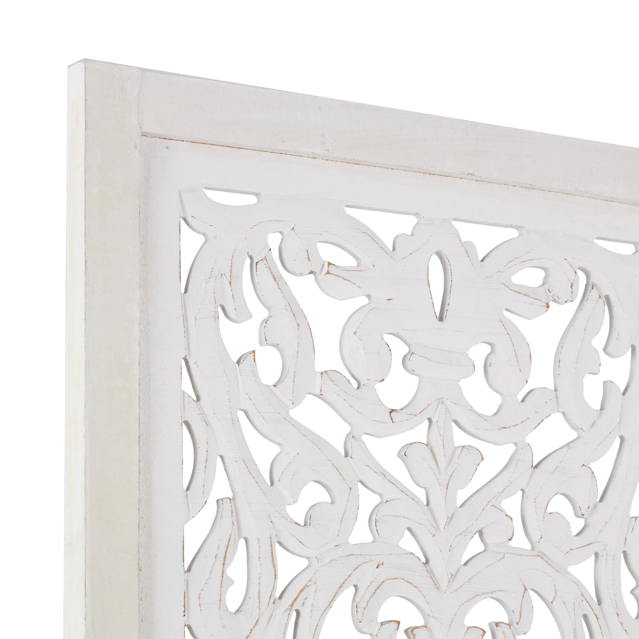 DecMode 60" x 69" White Wooden Floral Handmade Foldable Partition 3 Panel Room Divider Screen with Carved Design, 1-Piece