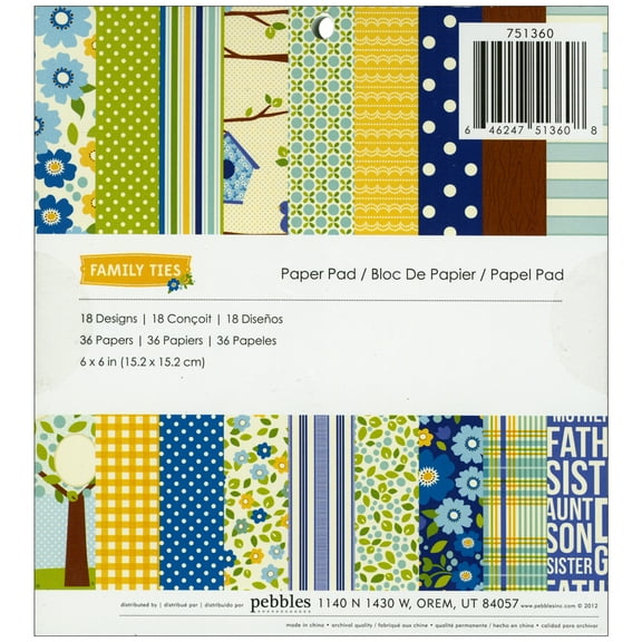 Pebbles Single-Sided Paper Pad 6"X6" 36/Pkg-Family Ties, 18 Designs/2 Each