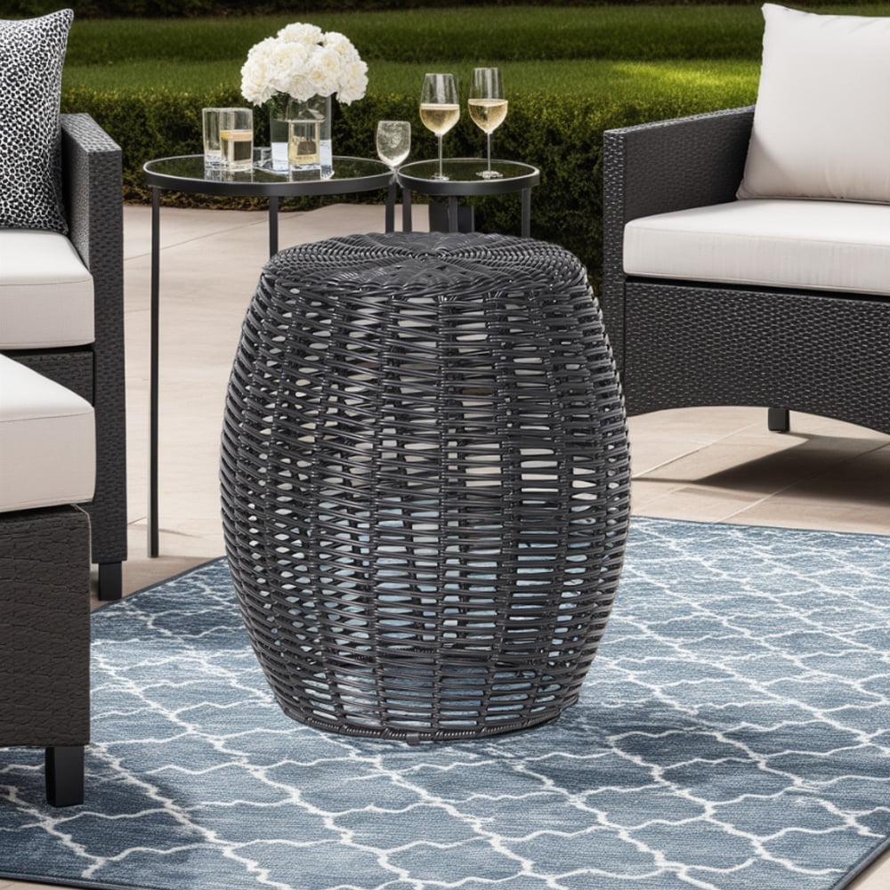 Abble Patio Side Table, Wicker Small Round Metal End Table, Rattan Accent Table for Outside Garden Stool, Outdoor Ottoman - Black