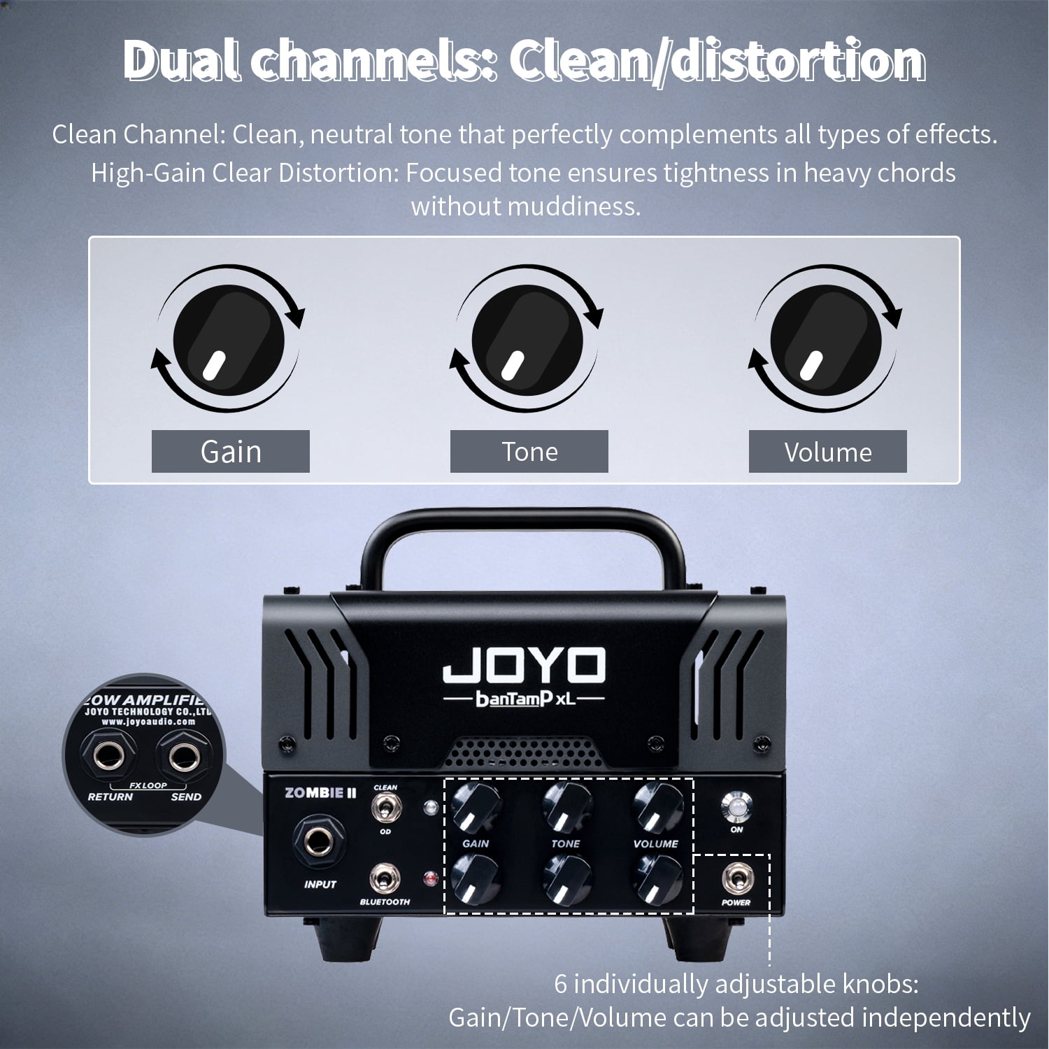 JOYO ZOMBIE II Rugged Metal 20W Hybrid Tube Electric Guitar Mini Amp Head, 2-Channel Clean/OD with Bluetooth, FX Loop & Cab Emulated Headphone Out, Requires External Speaker
