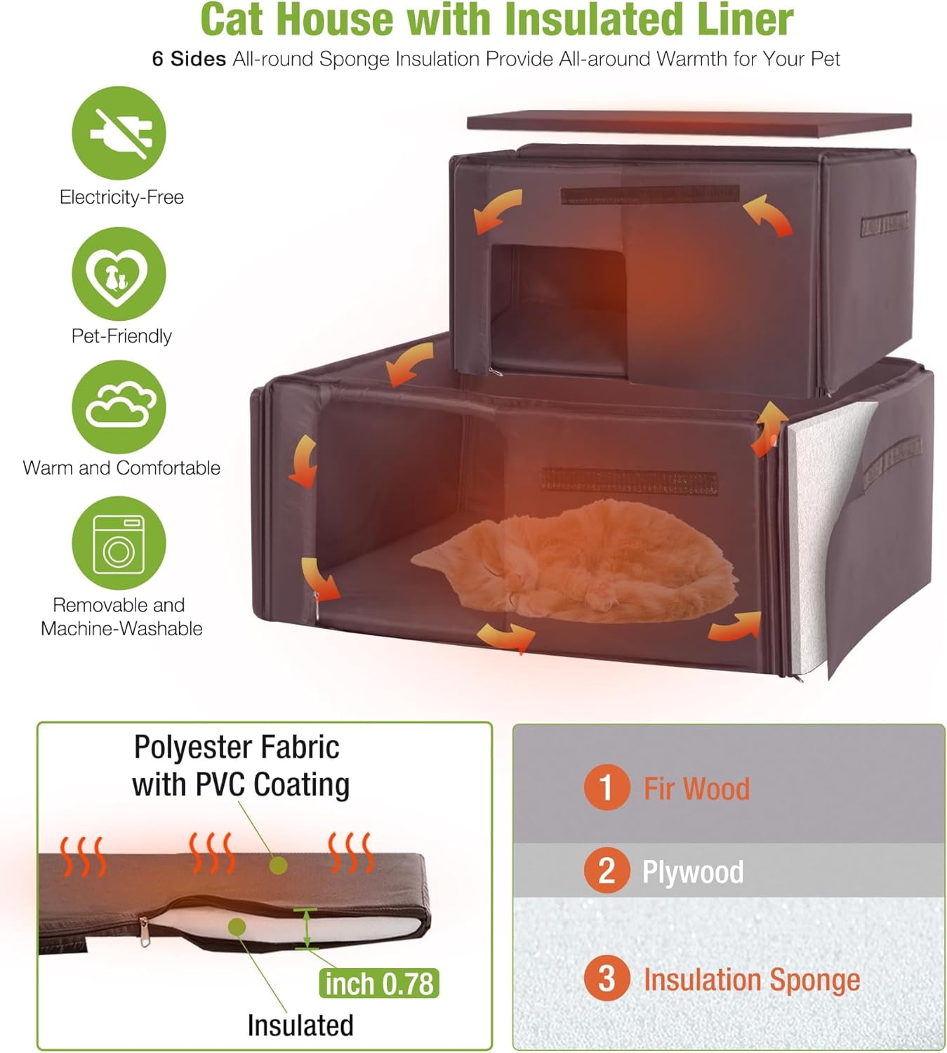 MEDEHOO Insulated Cat House Outdoor for Winter, Wooden Weatherproof Outside Feral Cat Shelter with Liner, Large Balcony, Escape Door, PVC Door Strip, for Outdoor & Indoor