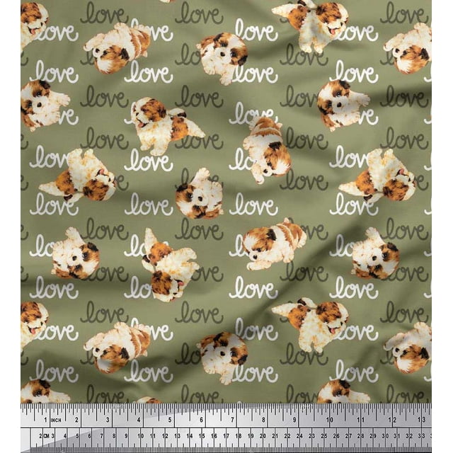 Soimoi Poly Georgette Fabric Love Text & Puppies Dog Printed Fabric 1 Yard 52 Inch Wide
