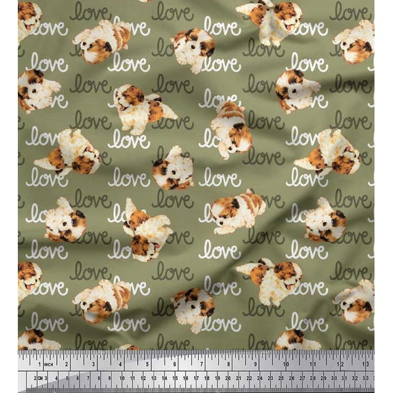 Soimoi Moss Georgette Fabric Love Text & Puppies Dog Fabric Prints By Yard 42 Inch Wide