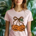 thumbnail image 5 of Pumpkin Bow Shirt Cute Jack O’Lantern Graphic Tee for Fall Season, Gold, Size S, 5 of 6
