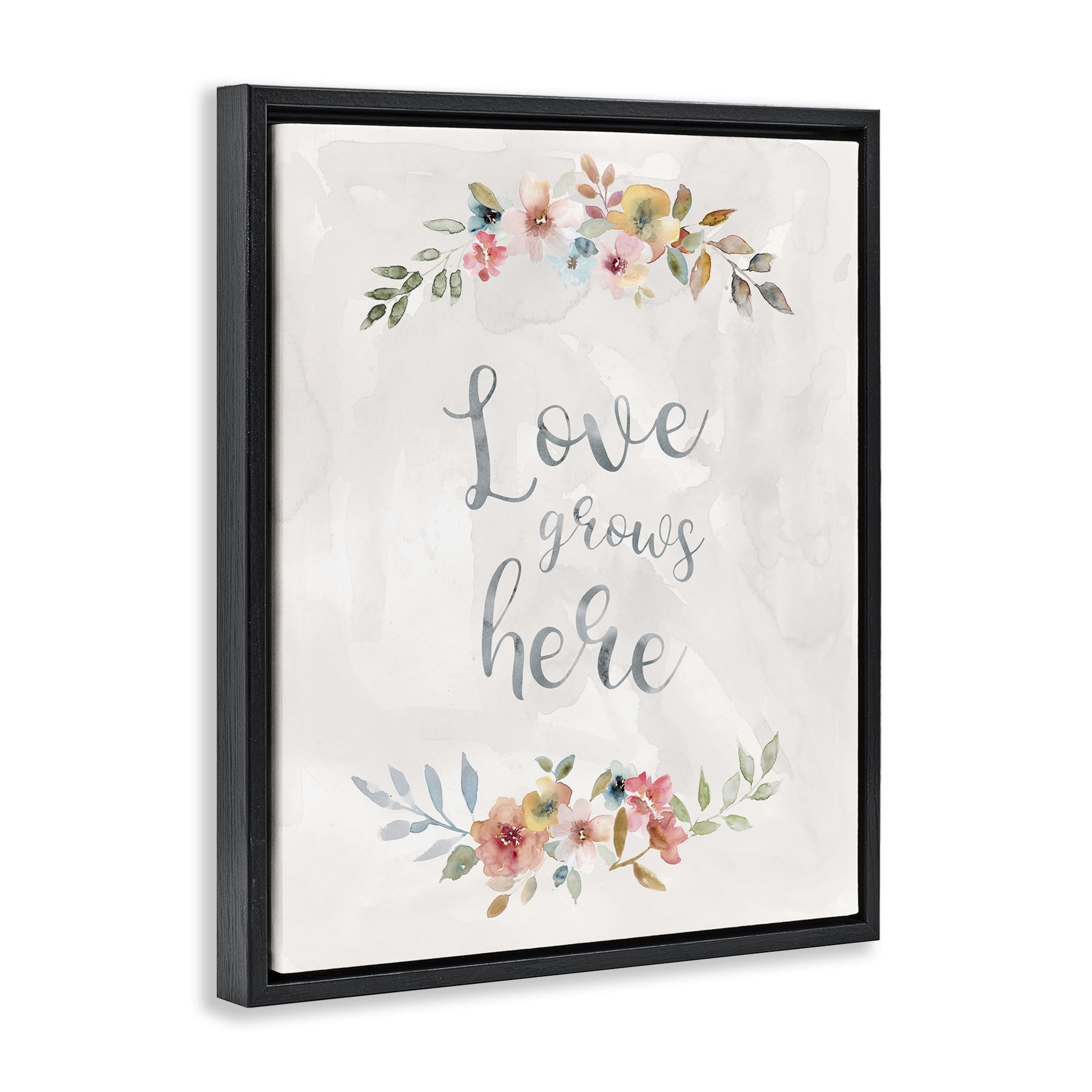 Stupell Industries Floral Love Grows Here Plants & Flowers Painting Black Floater Framed Canvas Art Print Wall Art, 17 x 21