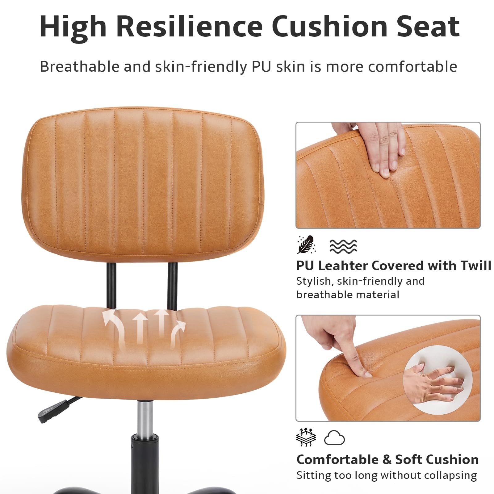 edx Adjustable Height Armless Office Desk Chair with Wheels, PU Leather Mid Back 360°Swivel Small Computer Chair, Modern Task Chair for Home Office Reading Meeting Room, Brown