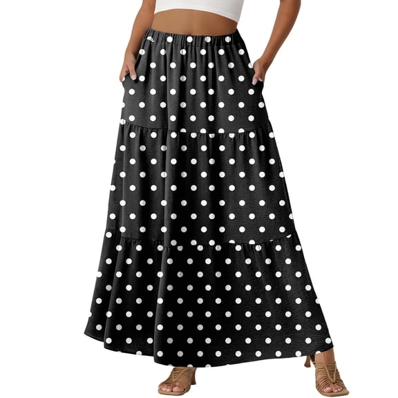 Women Polka Dot Maxi Skirt Elegant Bodycon A Line Flare Long Skirts Cute Dots Print Flowy Maxi Satin Skirt Vintage Streetwear