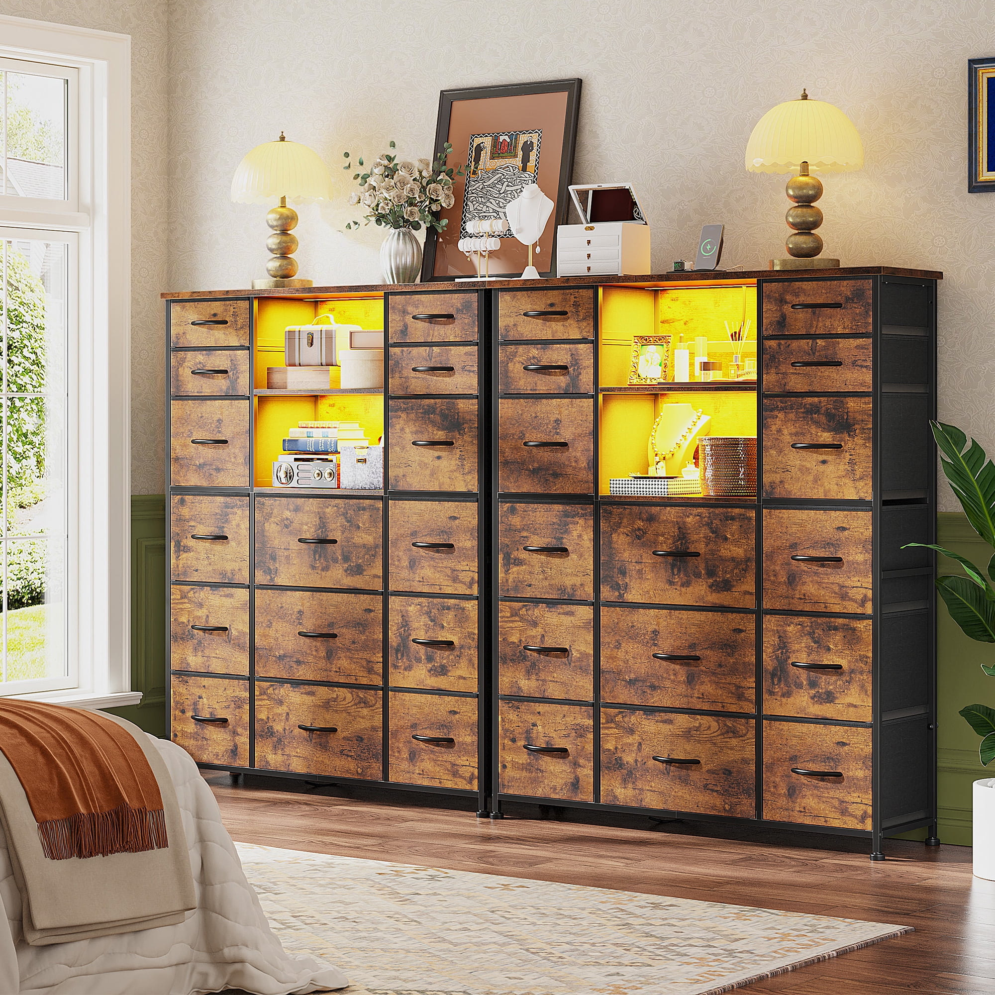 Romorgniz 51" H Dresser with 15 Fabric Drawers Tall Dresser for Bedroom with Charging Station & LED Lights, Rustic Brown