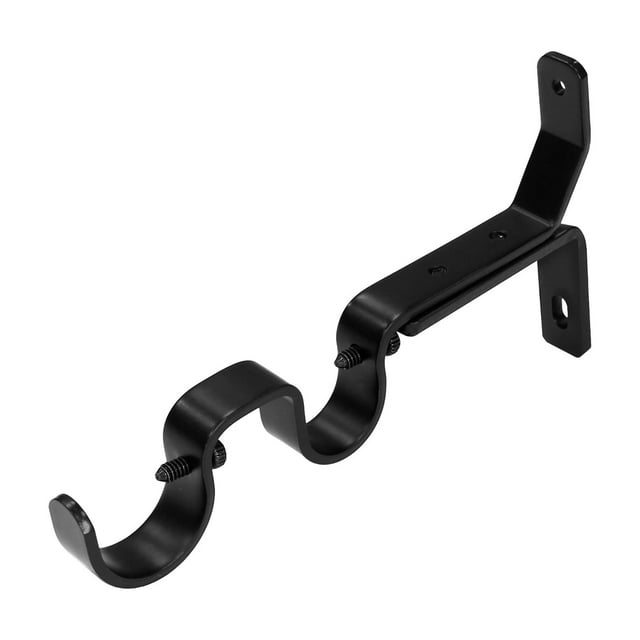 Matte black metal double curtain rod bracket designed to hold two rods, featuring adjustable screws for securing 3/4 inch and 1 inch diameter rods.
