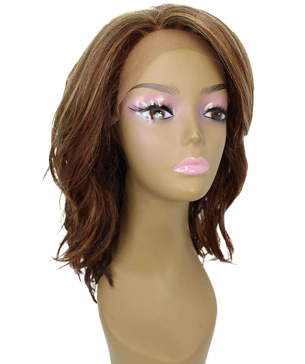 LUXLUXE Rayana Wavy 15 Inch Long 4X4 Hand-Tied Lace Front Wig, Heat Resistant Fiber, 20+ Shades of Natural, Dip Dyed, & Blended Colors (#BX4335 - Auburn Brown Blend)