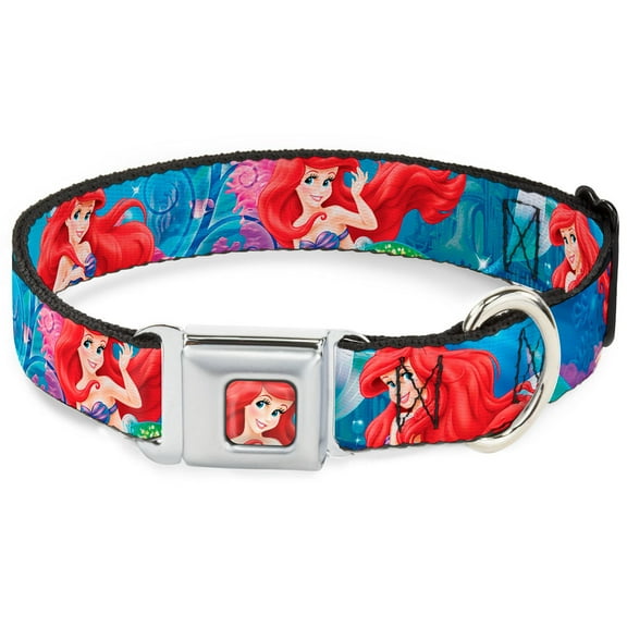 Disney Pet Collar, Dog Collar Metal Seatbelt Buckle, Ariel Vivid Underwater Sparkle Poses Castle, 20 to 31 Inches 1.5 Inch Wide