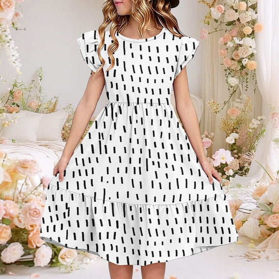 Nmnitkp Girl Dresses Cute Dress for Girls Kids Summer Double Layer Ruffle Sleeve Dress White,9 Years