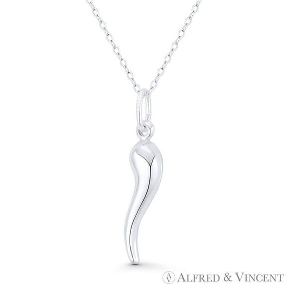 Italian Horn Corno Evil Eye Luck Charm 32mm (1.3in) Pendant & Chain Necklace in .925 Sterling Silver