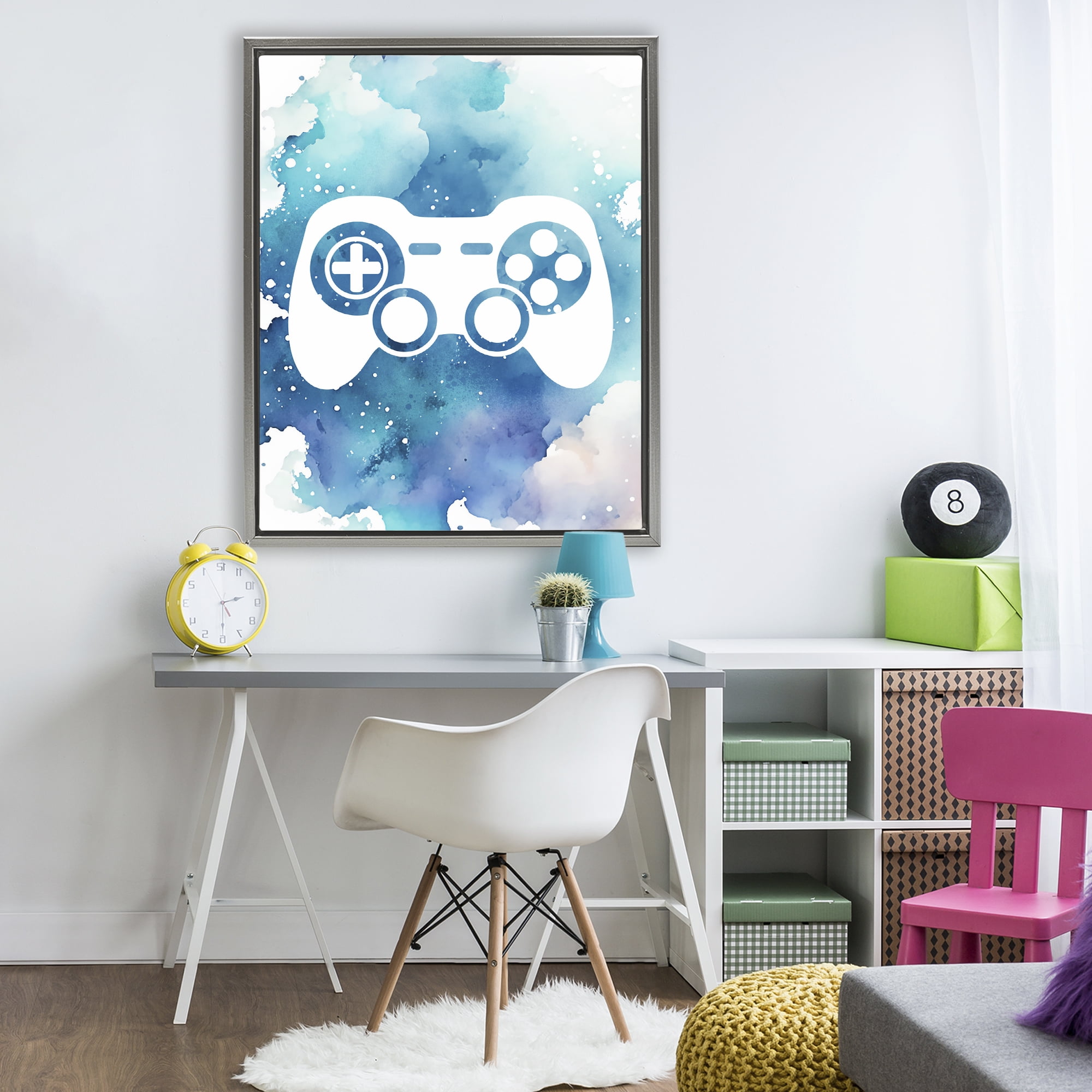 Blue Controller Splatter Gray Framed Floater Canvas Wall Art, design by Marcus Prime