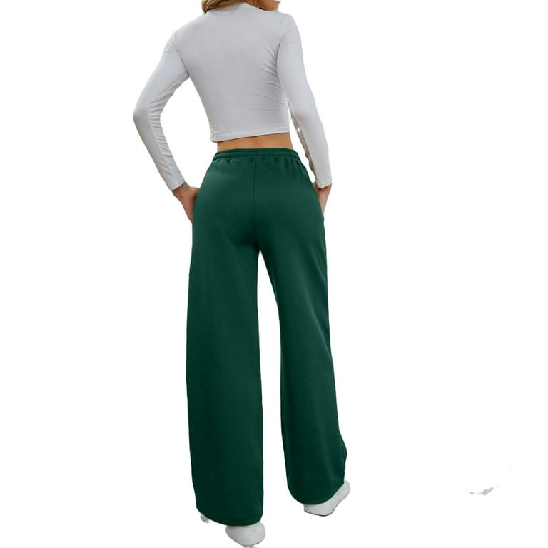 Womens Drawstring Waist Sweatpants Plain Long Loose Dark Green M