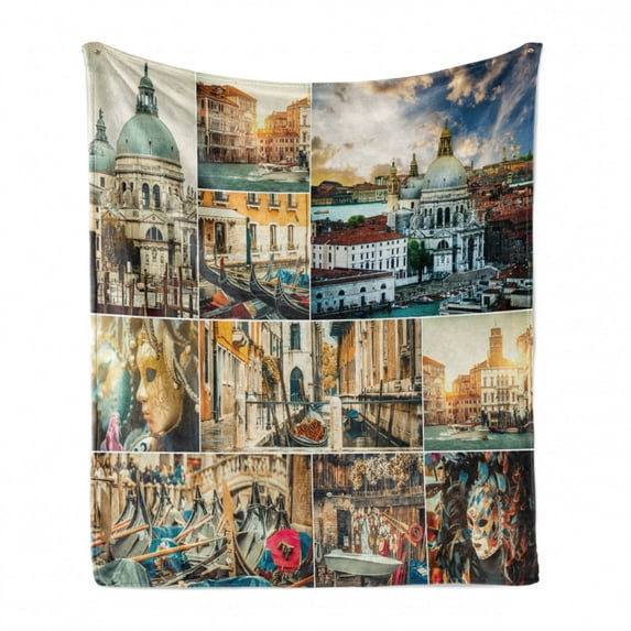Travel Soft Flannel Fleece Throw Blanket, Collage of Various Views of Venice City with Canal Palace Travel Theme, Cozy Plush for Indoor and Outdoor Use, 50" x 60", Multicolor, by Ambesonne