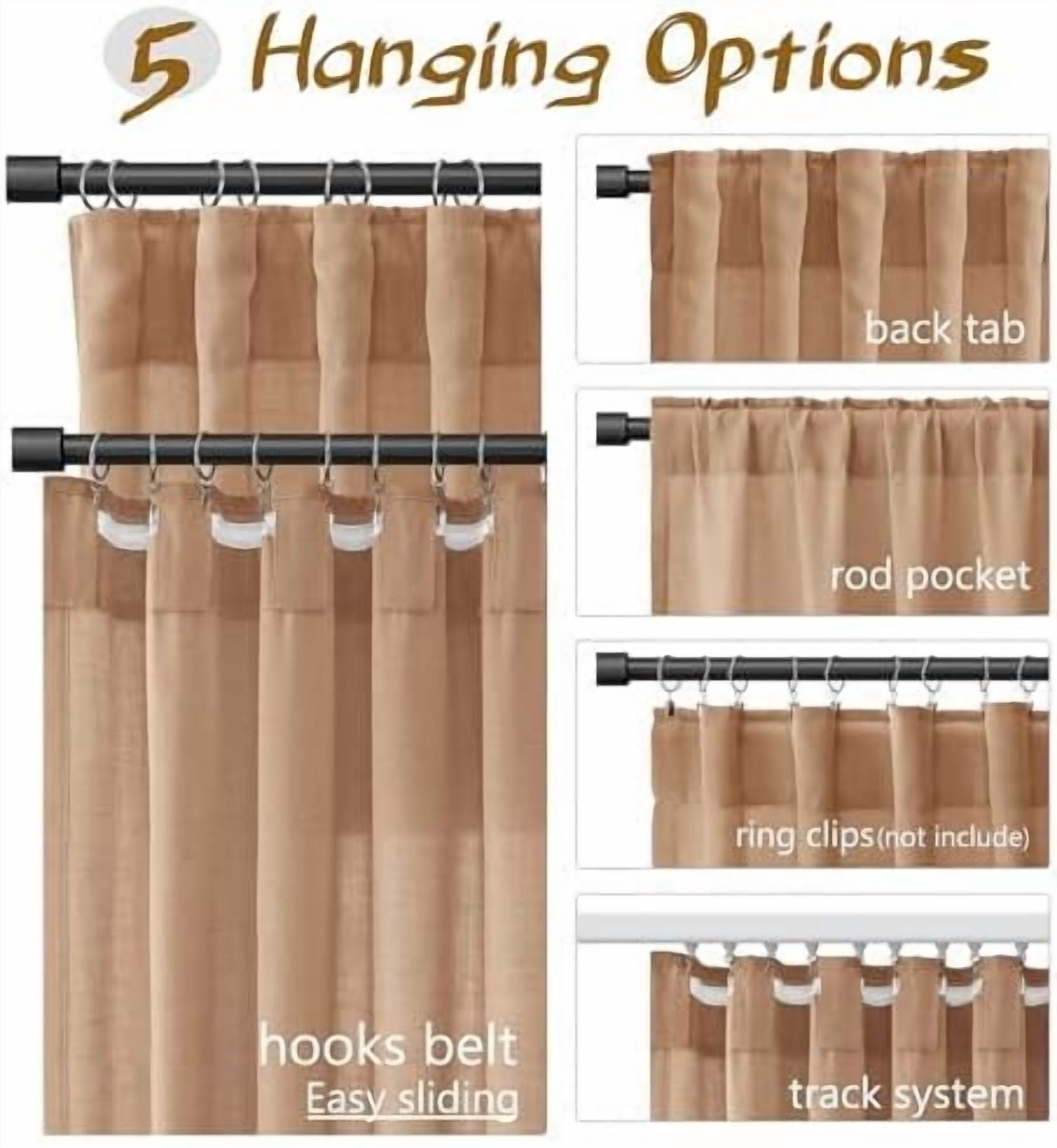 Camel Brown Linen Semi Sheer Curtains 90 Inches Length Light Filtering Neutral Farmhouse Boho Rod Pocket Back Tab Hook Belt Clip Rings Window Drapes for Bedroom Living Room 2 Panels 52x90