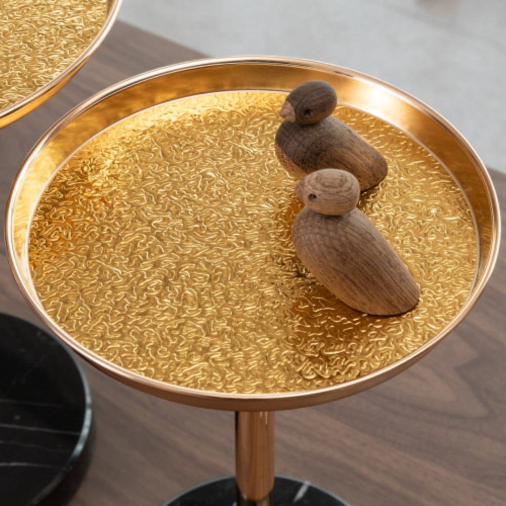 2-Piece Adjustable Side Tables, Small Gold Martini Tea Tables with Natural Marble Base, Metal Tray Top, Pedestal End Tables for Living Room Bedroom