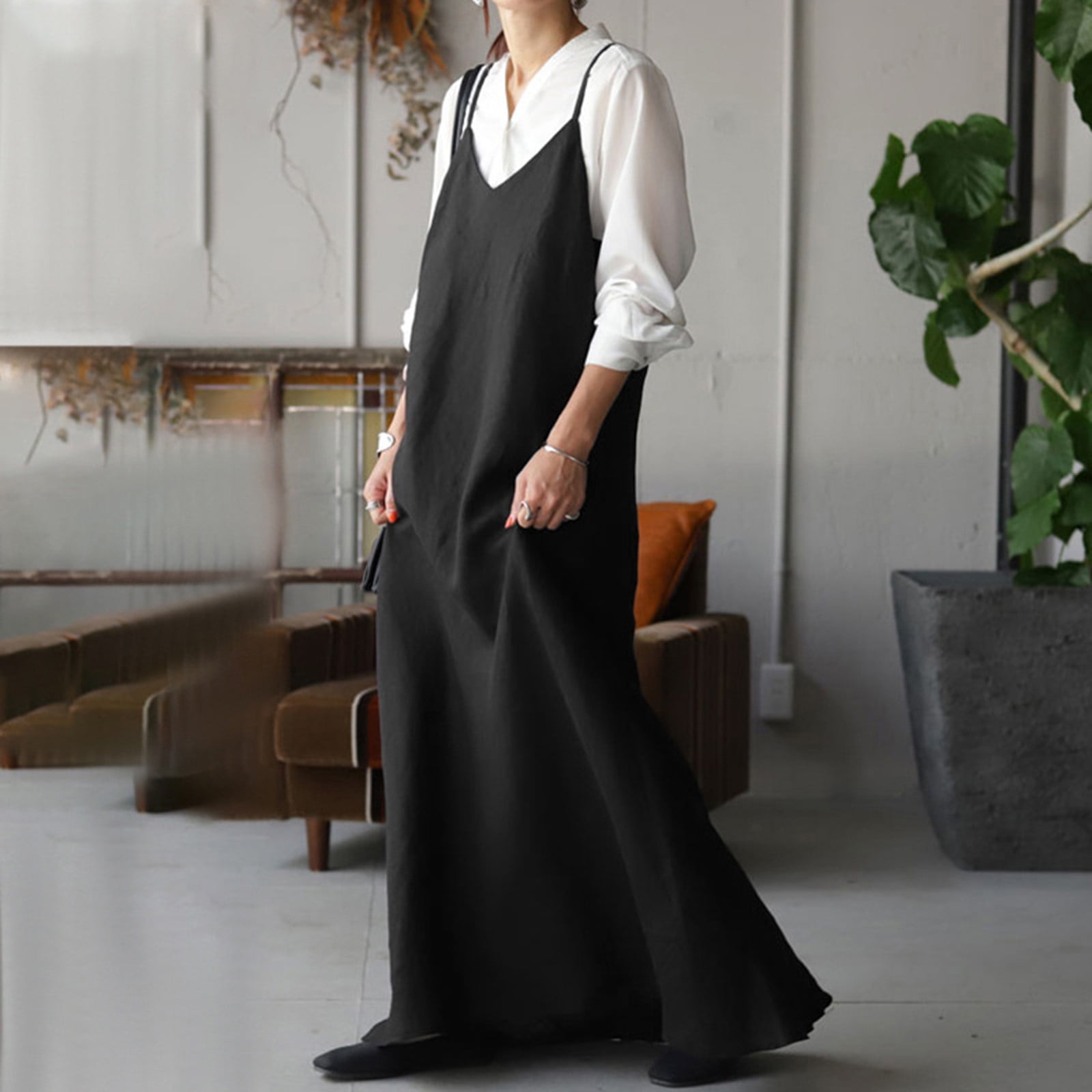 Maxi Dress for Women V Neck Spaghetti Strap Cotton Linen Slip Dress Solid  Sleeveless Casual Loose Summer Long Dress - Walmart.com