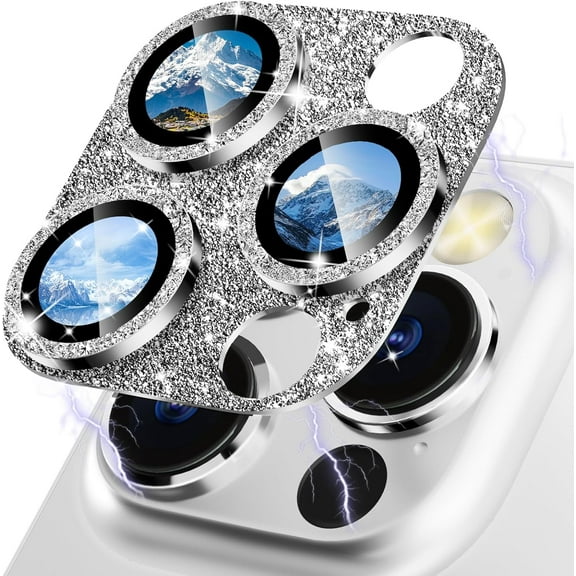 for iPhone 14 Pro/iPhone 14 Pro Max Glitter Camera Lens Protector, 9H Tempered Glass [All in 1 Design], Case Friendly Anti-Scatch High Definition, GlitterSilver