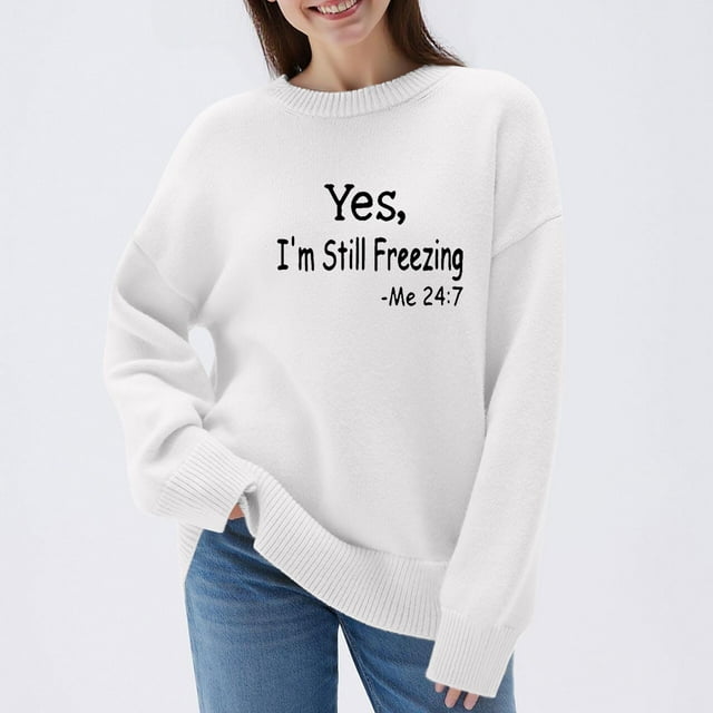 HOZADOIE Pulls pour Femmes Imprimé Lettre Couleur Unie Manches Longues Col Rond Polyvalent Ample Simple Confortable Chandail Automne Hiver Style