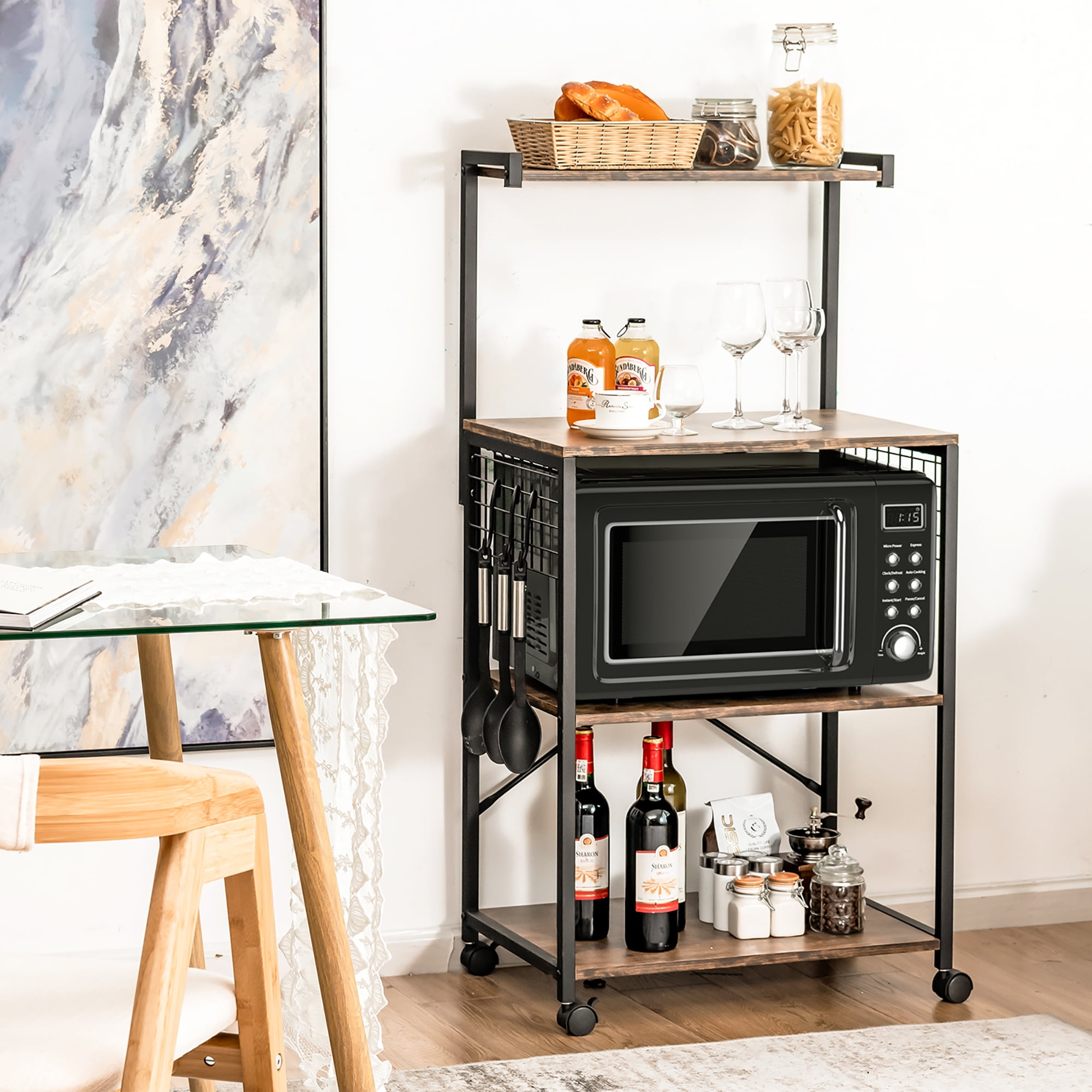 Costway 4 Tier Rolling Bakers Rack Industrial Utility Microwave Oven Stand Cart w Hooks Walmart